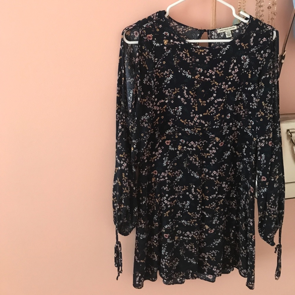 Long sleeve floral shift dress with cold shoulder