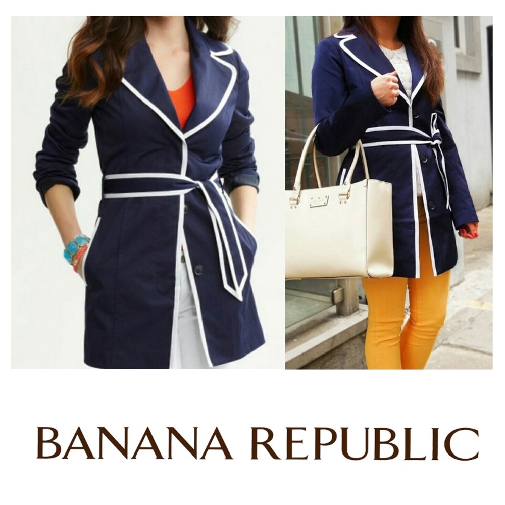Banana Republic Piped Trench Coat Navy Medium