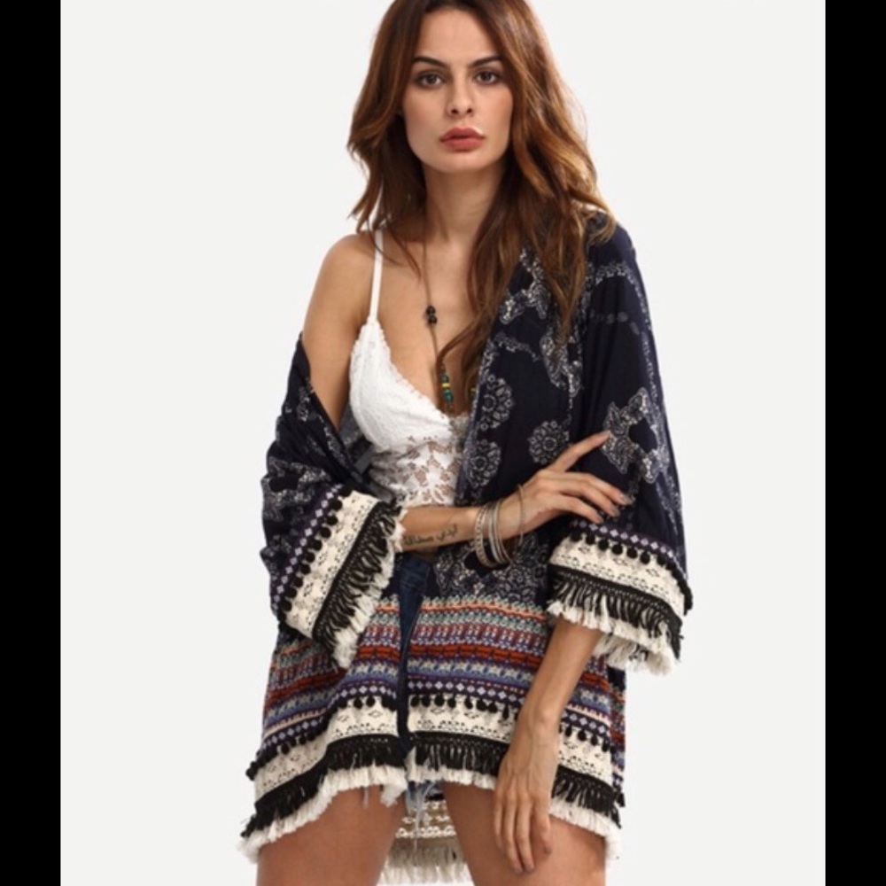 SOLD***Multi-color Fringe Pom Pom Boho Kimono, NEW