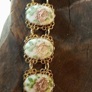 Gold tone Filigree & Porcelain Bracelet