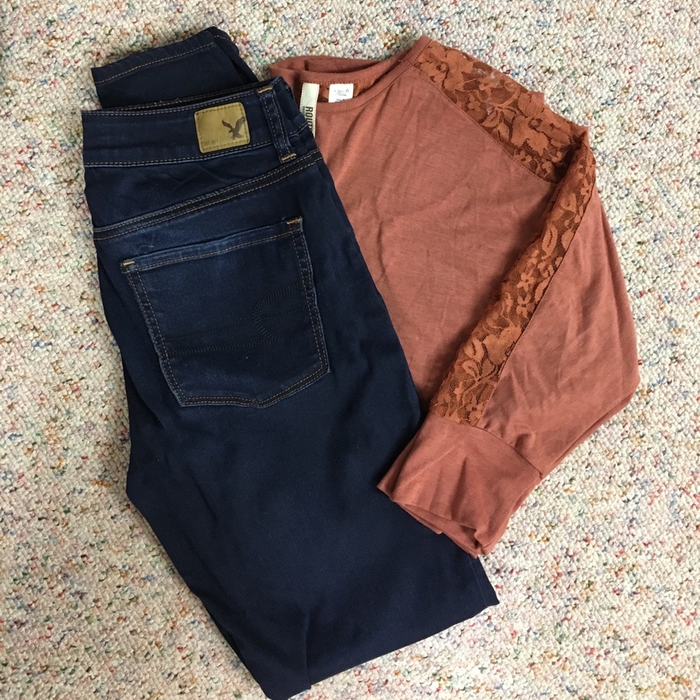 American eagle jeans and long-sleeve lace shirt