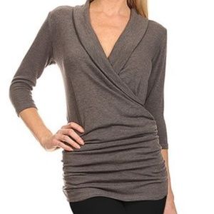NWOT Charcoal Ruched Surplice Top- sweater