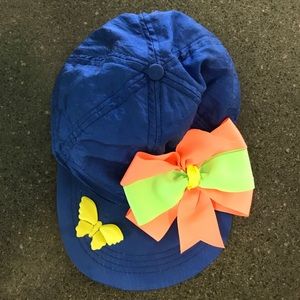 Blue Hat w Orange, Green & Yellow Bow & Butterfly