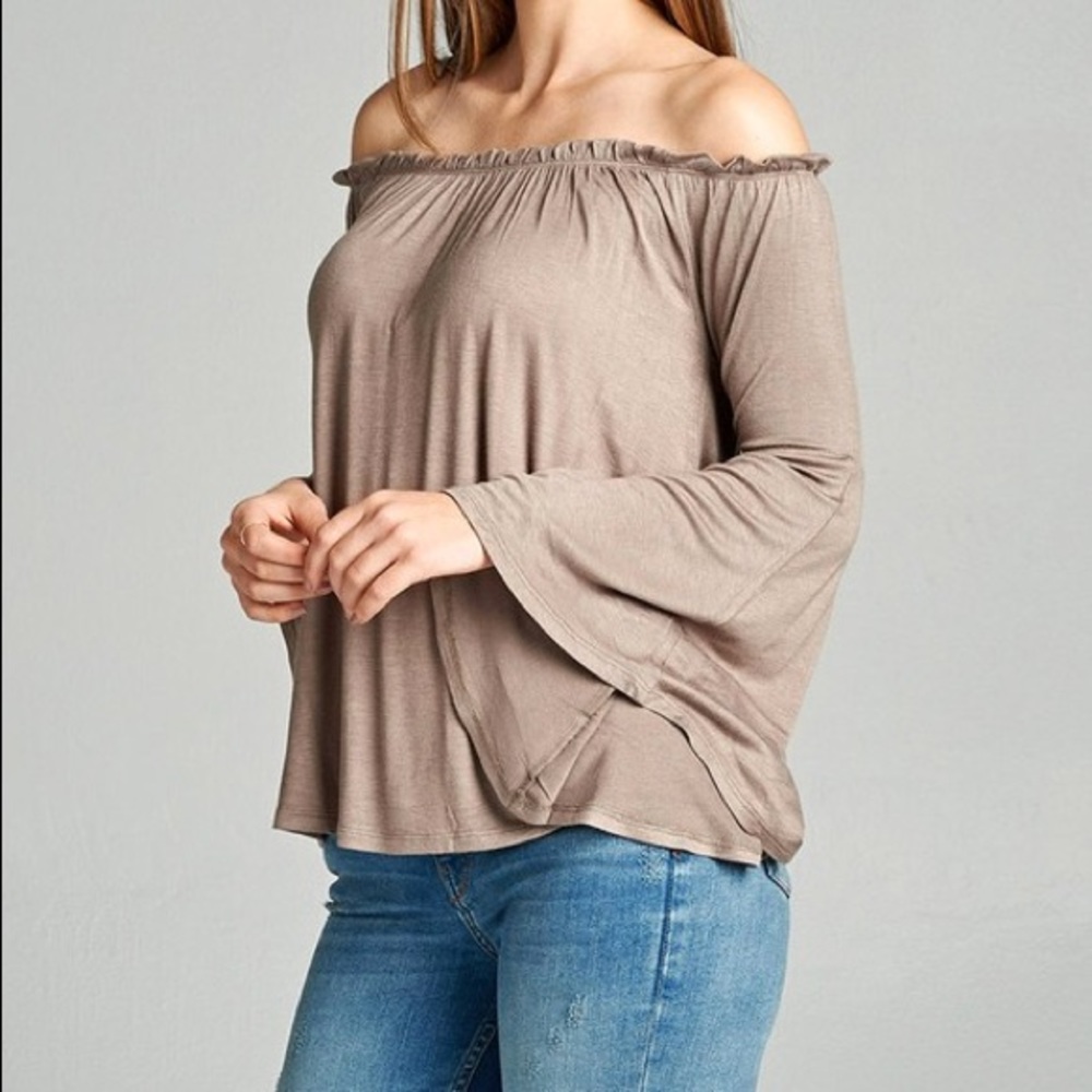 New Mocha off the shoulders bell sleeve top