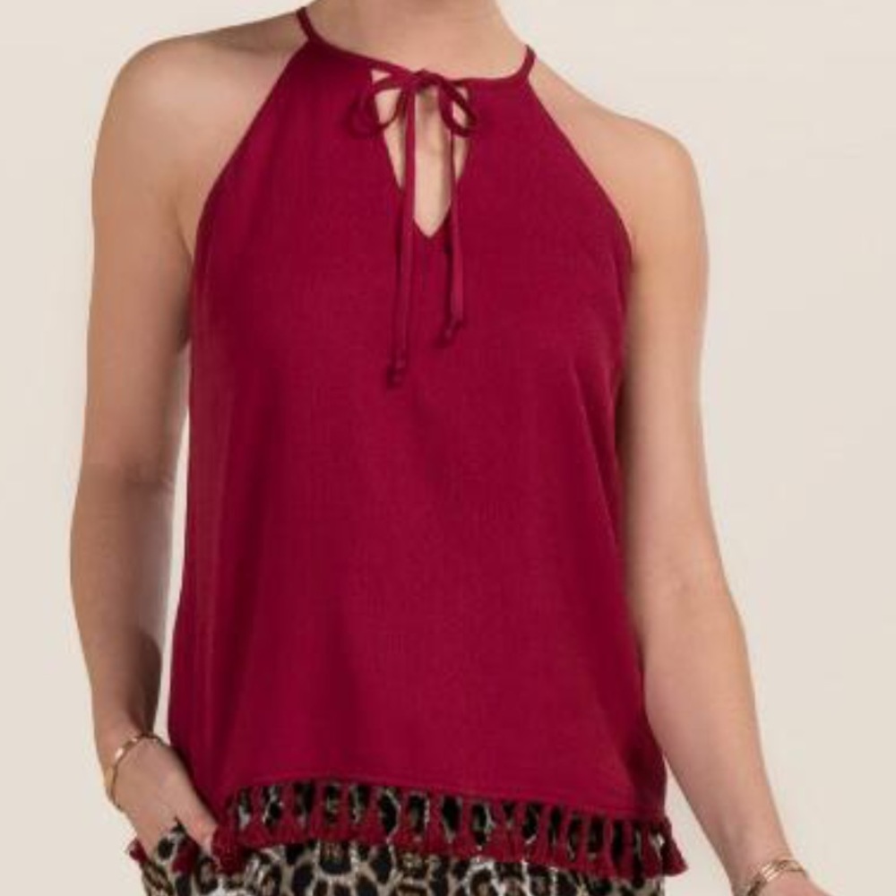 NWT Alya Burgundy peasant tassel top