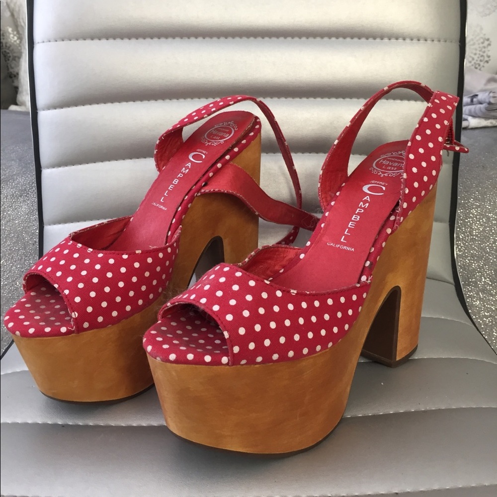 Red and white polka dot strap wedges