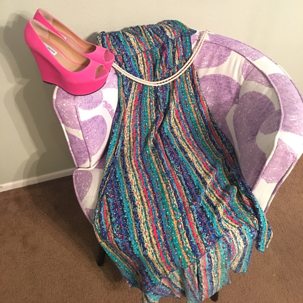 Multi colored strapless hi-low dress