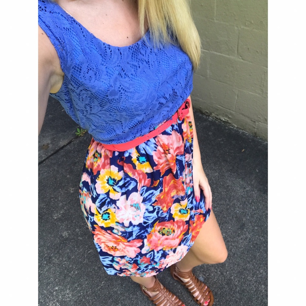 SMALL blue and orange floral belted dress