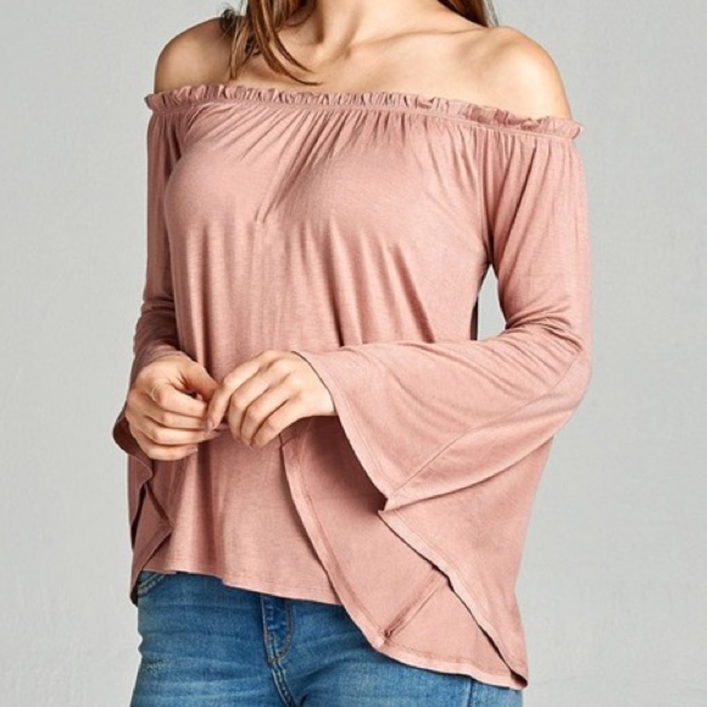 Ash pink bell sleeve off shoulder long sleeve top