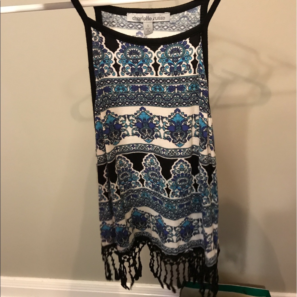 Patterned tank top with fringe bottom