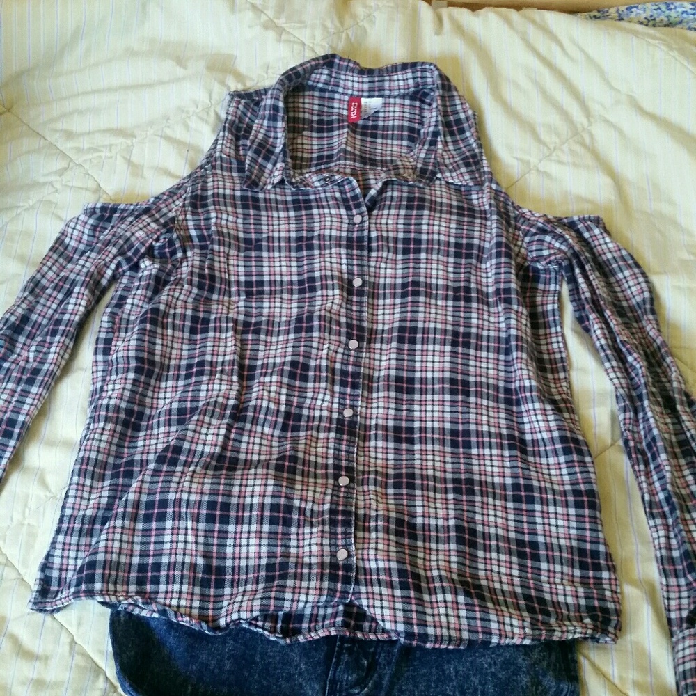 Plaid Cold Shoulder Button-Up Top