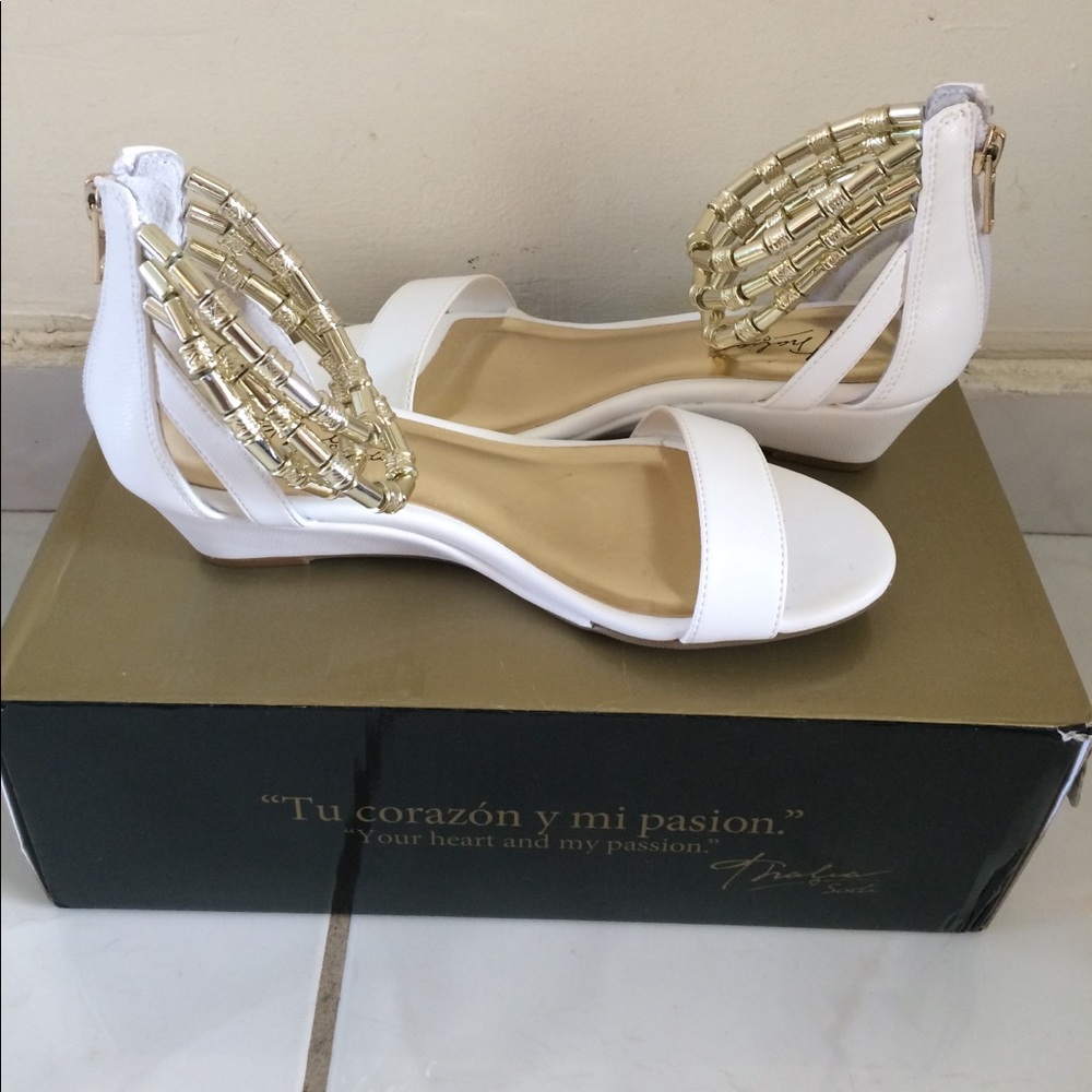 White with gold ankle strap sandals