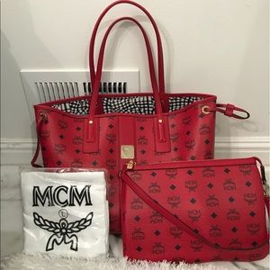 Red MCM tote + pouch