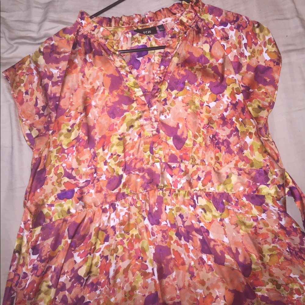 Silk-print half button down floral blouse