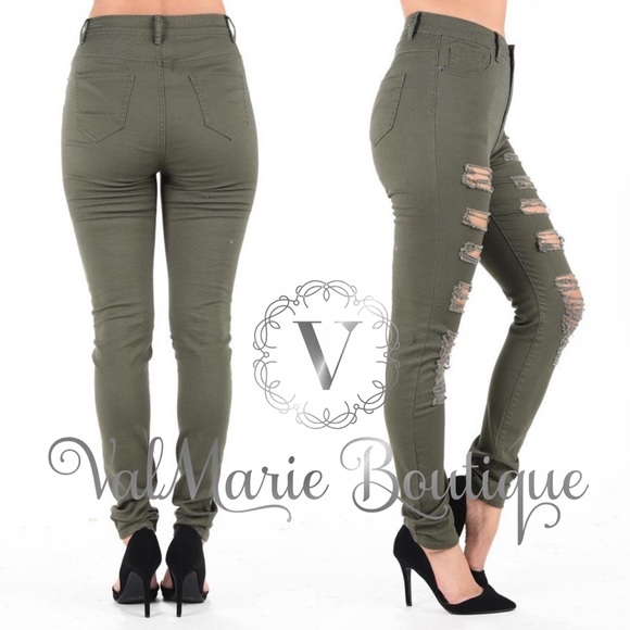 Olive Color Destroyed Distressed Skinny Pants - Picture 2 of 2