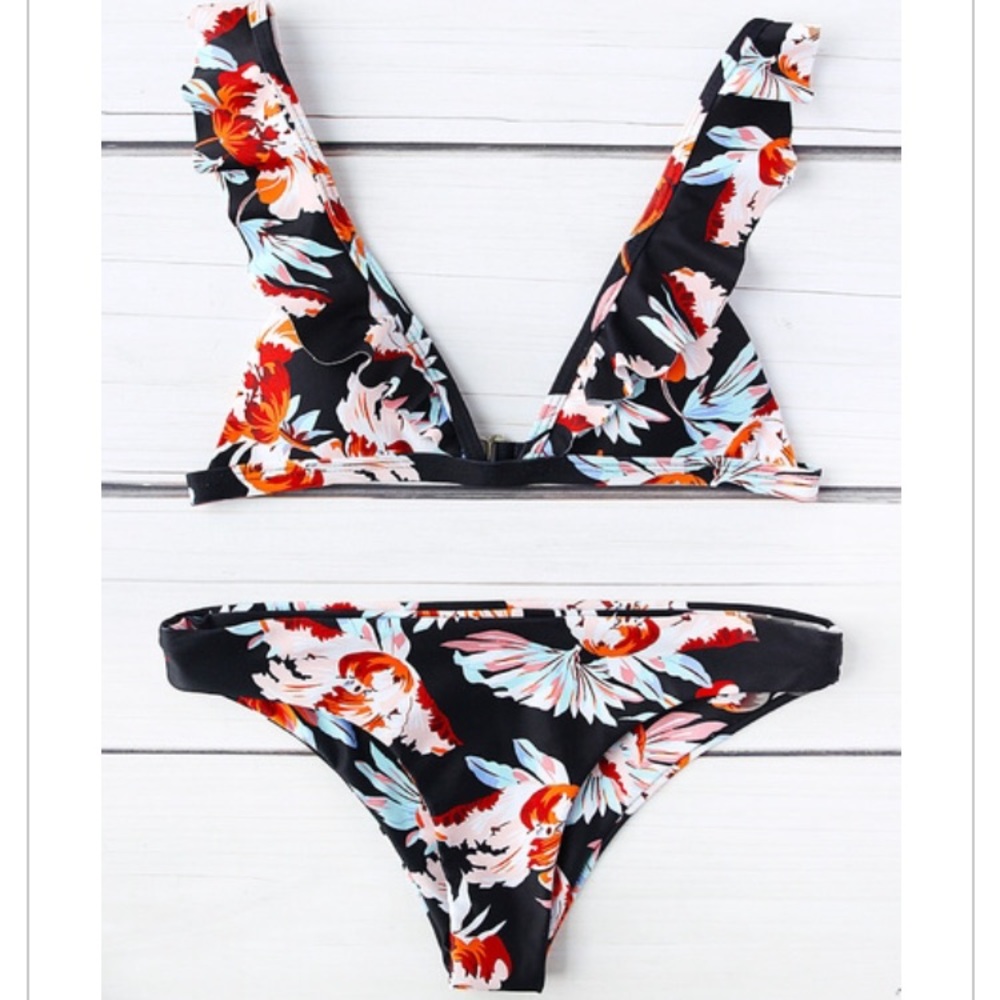 Black flower print ruffle strap triangle bikini