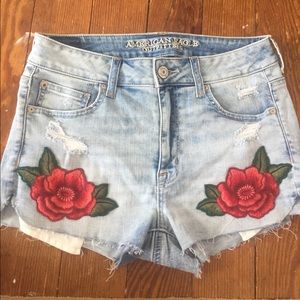 Never worn AE high waisted denim shorts with roses