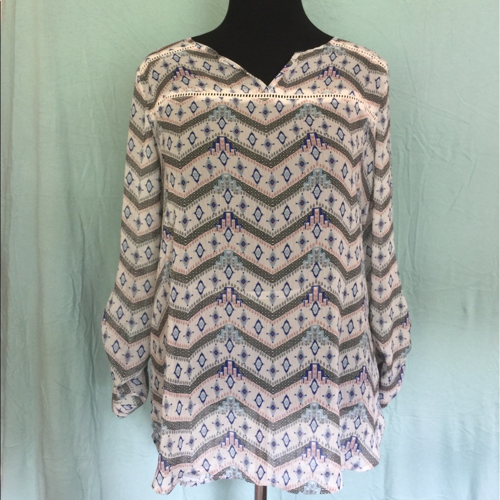 Geometric Flowy Sheer Blouse - Long Sleeves