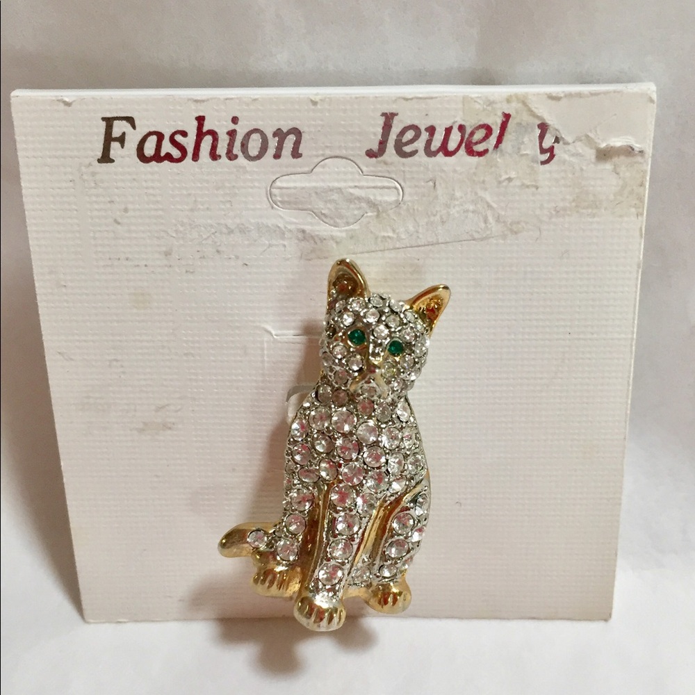 Green Eyed Rhinestone and Gold Kitty 🐱 Pin!