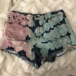 UAIO blue and pink tie die ripped shorts