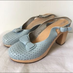 Swedish Has Beens Leather Platform Clogs Blue Bow