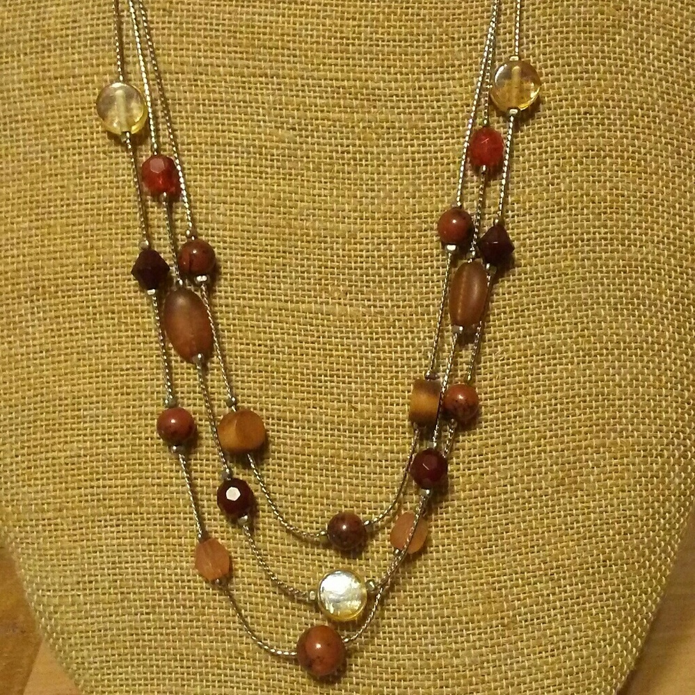 3 tier silver necklace wood and glass beads. 19 in