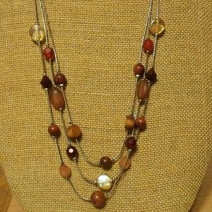 3 tier silver necklace wood and glass beads. 19 in