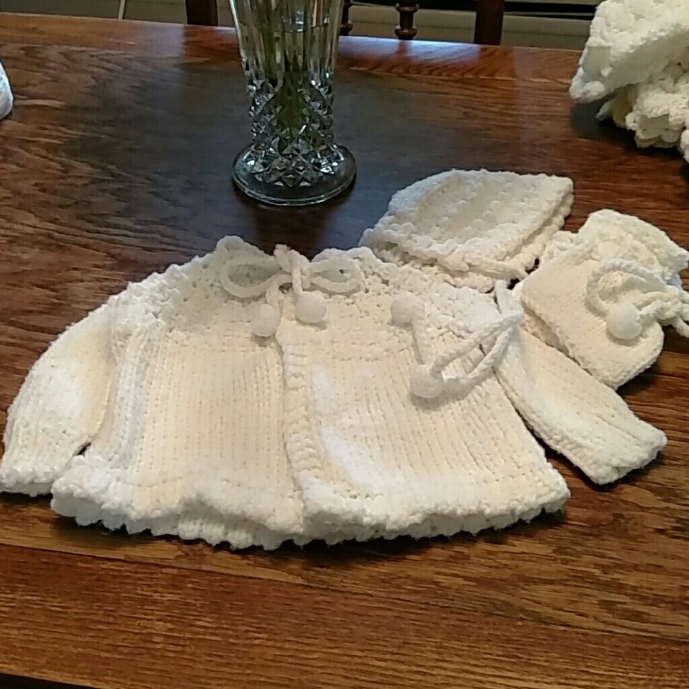 Baby sweater, bonnet, booties set