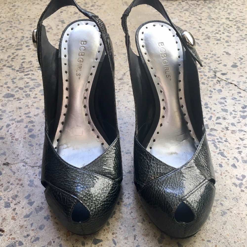 BCBGirls Grey Patent Leather Peep Toe Slingback