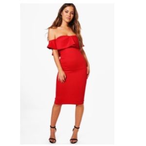 Boohoo Petite Ruffle Bardot Midi Dress