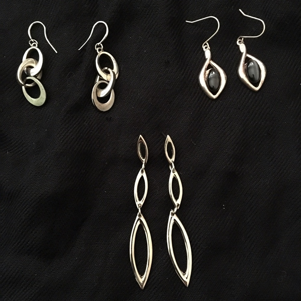 Set of 3 Silver Color and Black Dangle Earrings