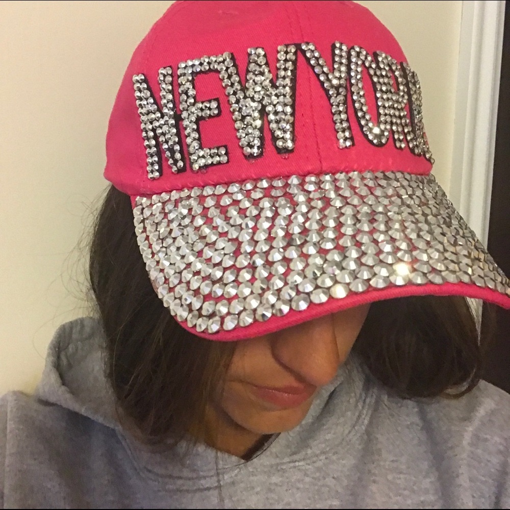 New York pink rhinestone hat