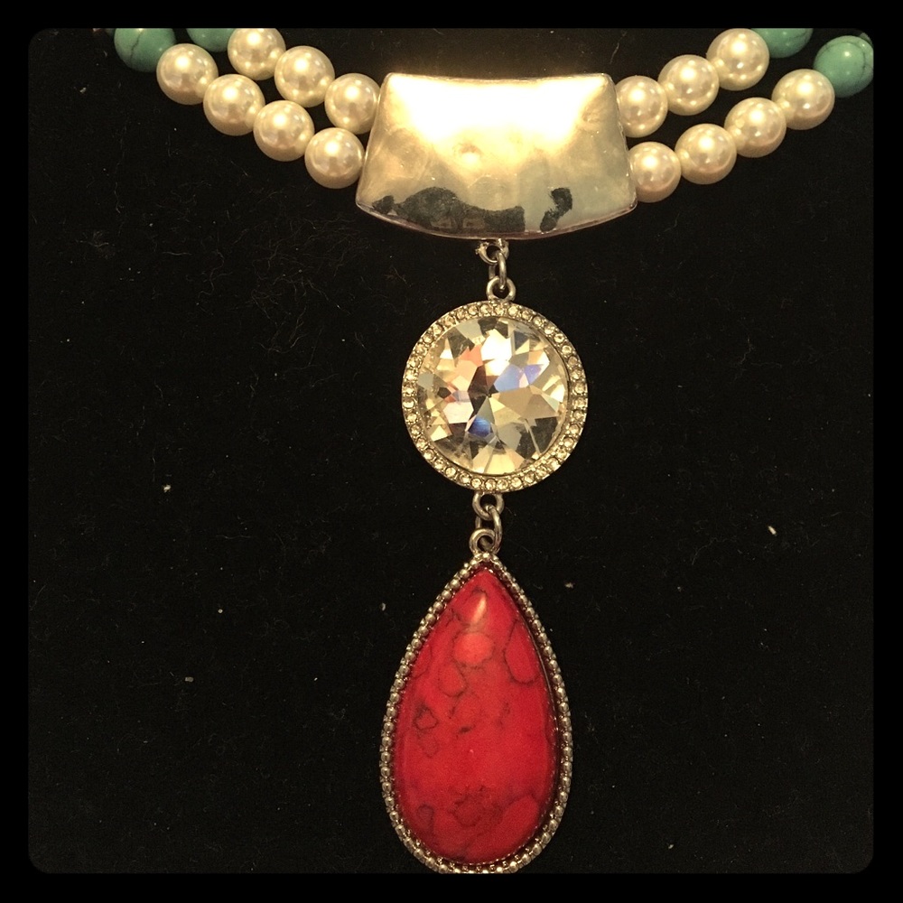 16" NEWnecklace pearl red/aqua turquoise-Silver