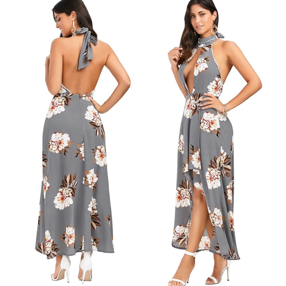 Floral Crochet Lace Halter High Low Maxi Dress - Picture 2 of 8