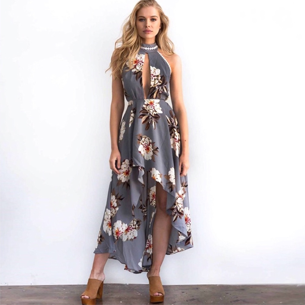 Floral Crochet Lace Halter High Low Maxi Dress - Picture 4 of 8