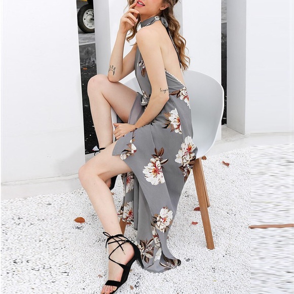 Floral Crochet Lace Halter High Low Maxi Dress - Picture 6 of 8