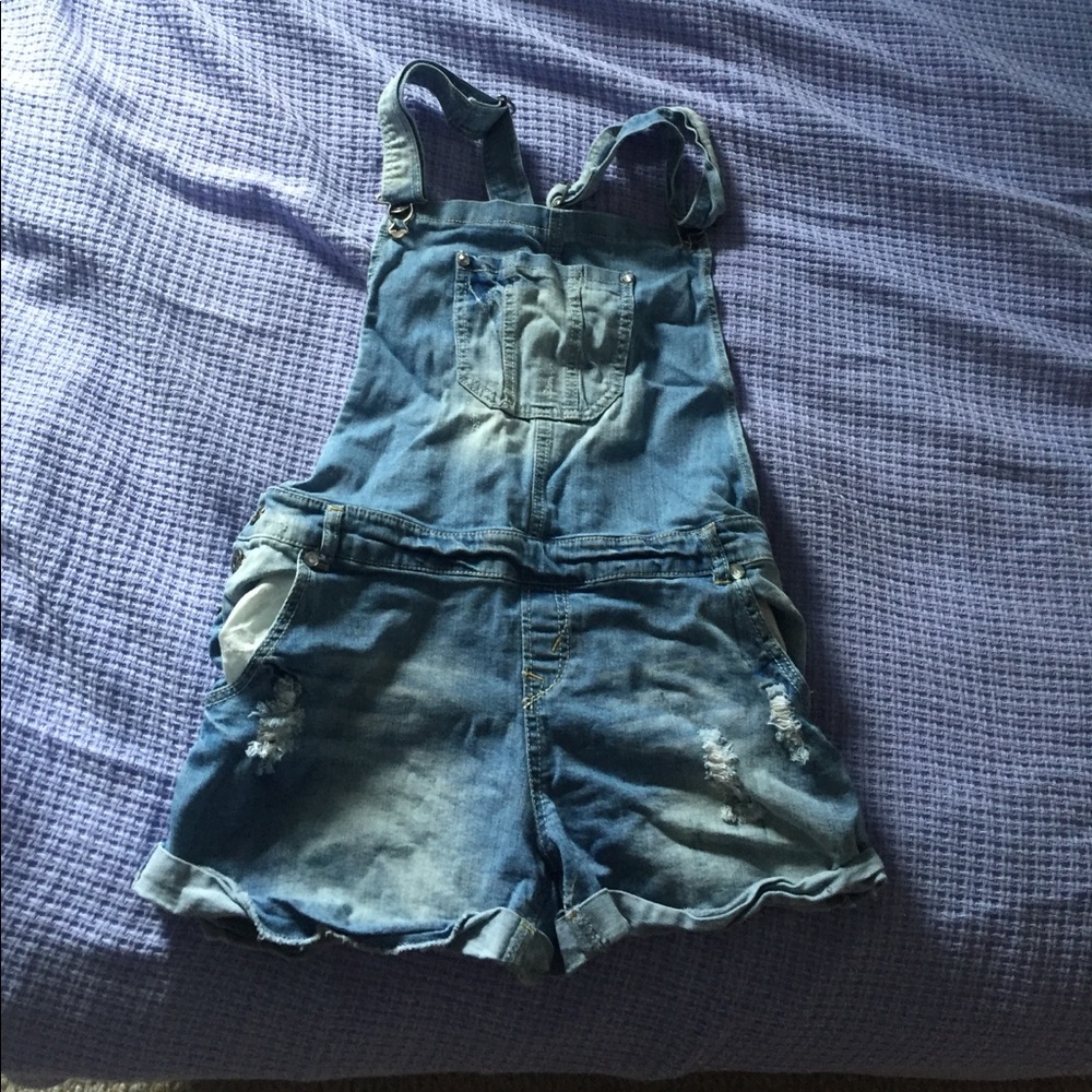 Distressed Denim Overall Shorts, Size XL