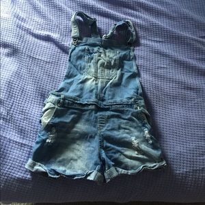 Distressed Denim Overall Shorts, Size XL