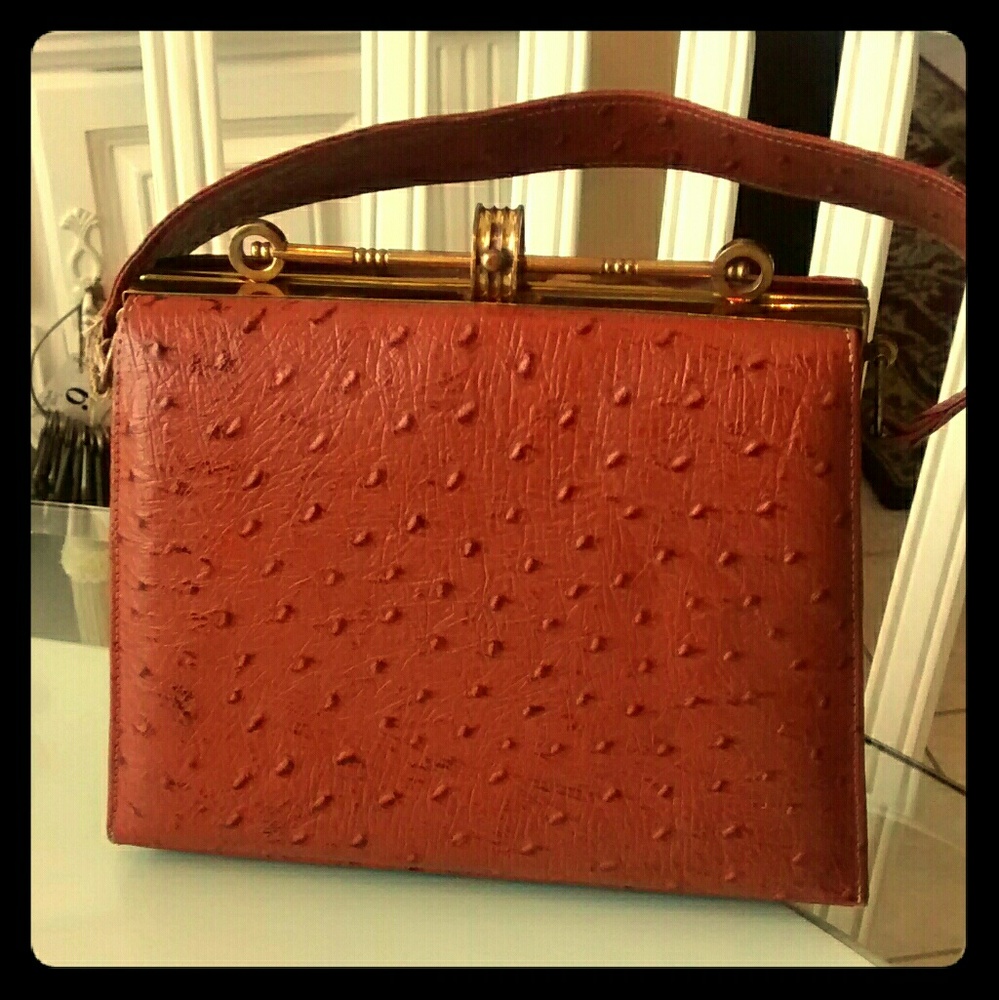 Vintage 1950s Genuine Leather Ostrich Embossed Bag