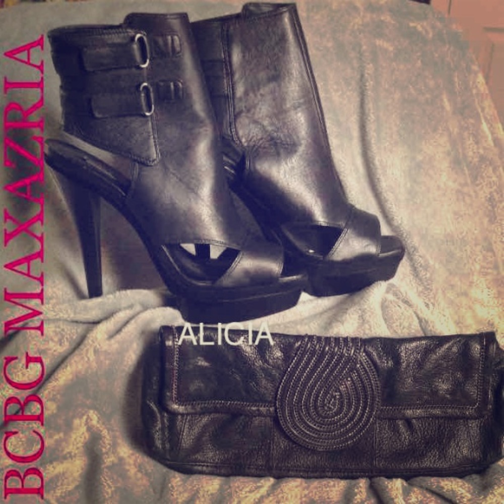 BCBG MAXAZRIA BLACK LEATHER CUT OFF HEELS