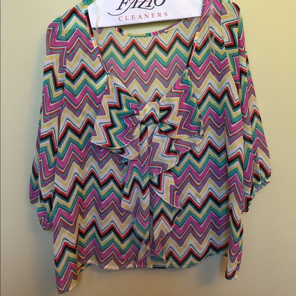 Colorful blouse with deep back and bow accent - Picture 1 of 2