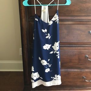 Blue and White Floral Print Dress w/Skinny Straps