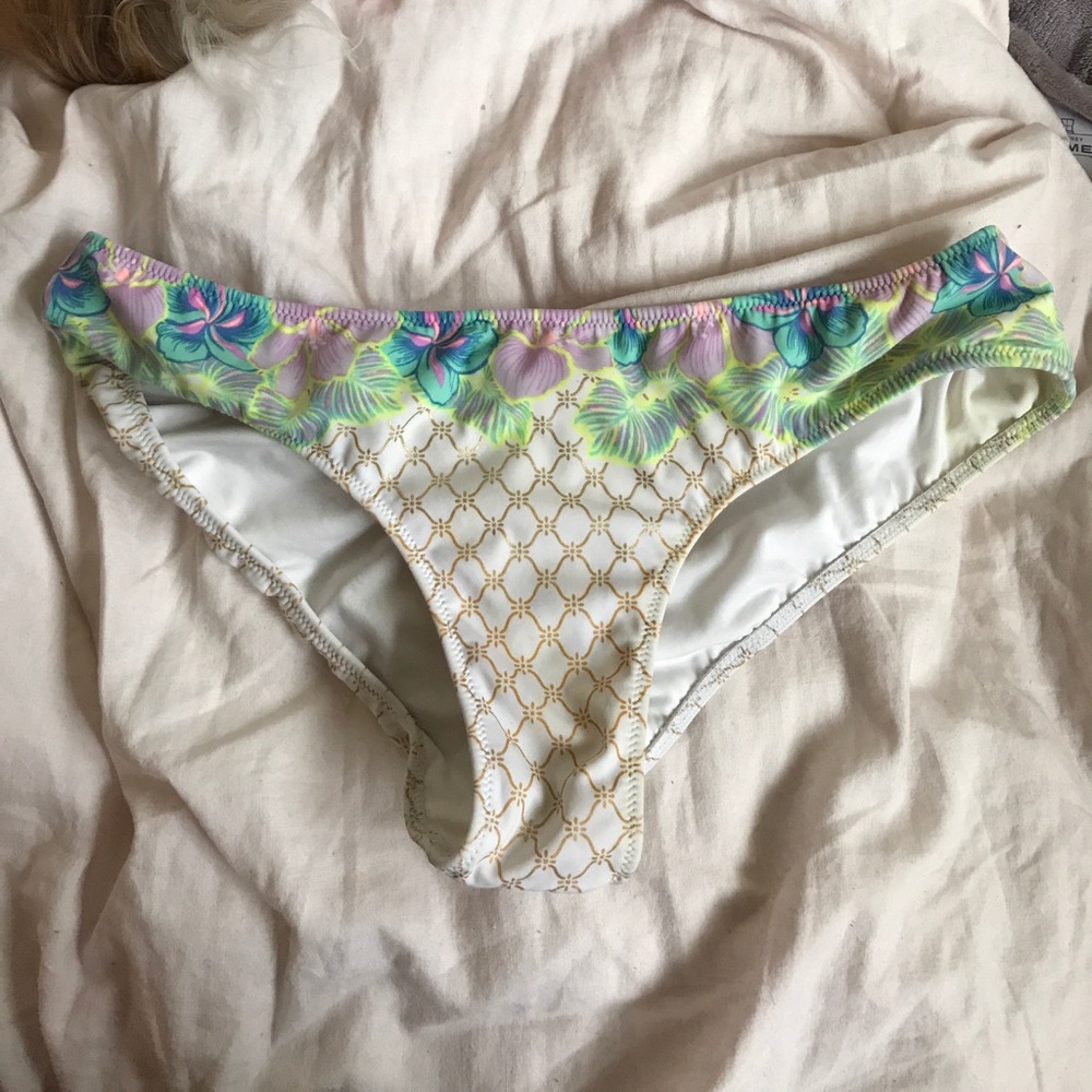 tropical white/blue/purple vs cheeky swim bottoms