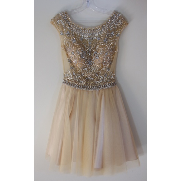 Jovani Cream Beaded and Tool Dress - Picture 1 of 3