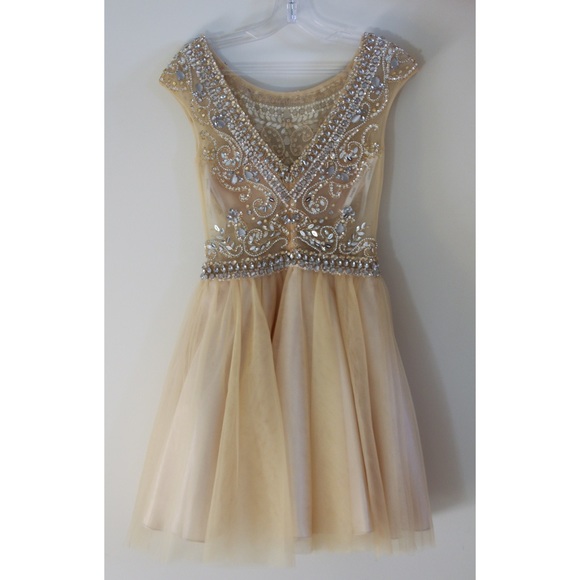 Jovani Cream Beaded and Tool Dress - Picture 2 of 3