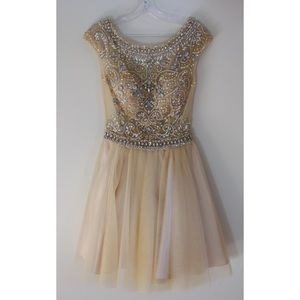 Jovani Cream Beaded and Tool Dress