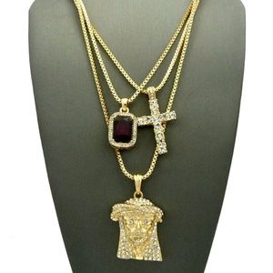 Iced out Jesus & cross & Ruby necklace set