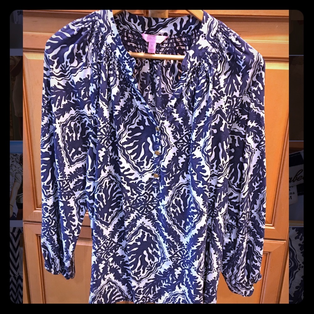 100% silk Lilly Pulitzer blue & white tunic top xl