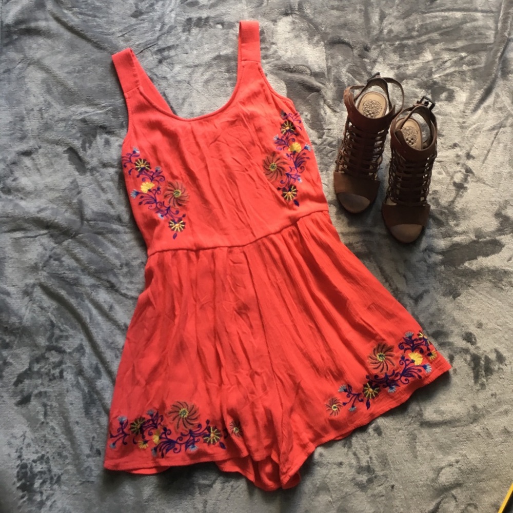 Coral embroidered detail romper