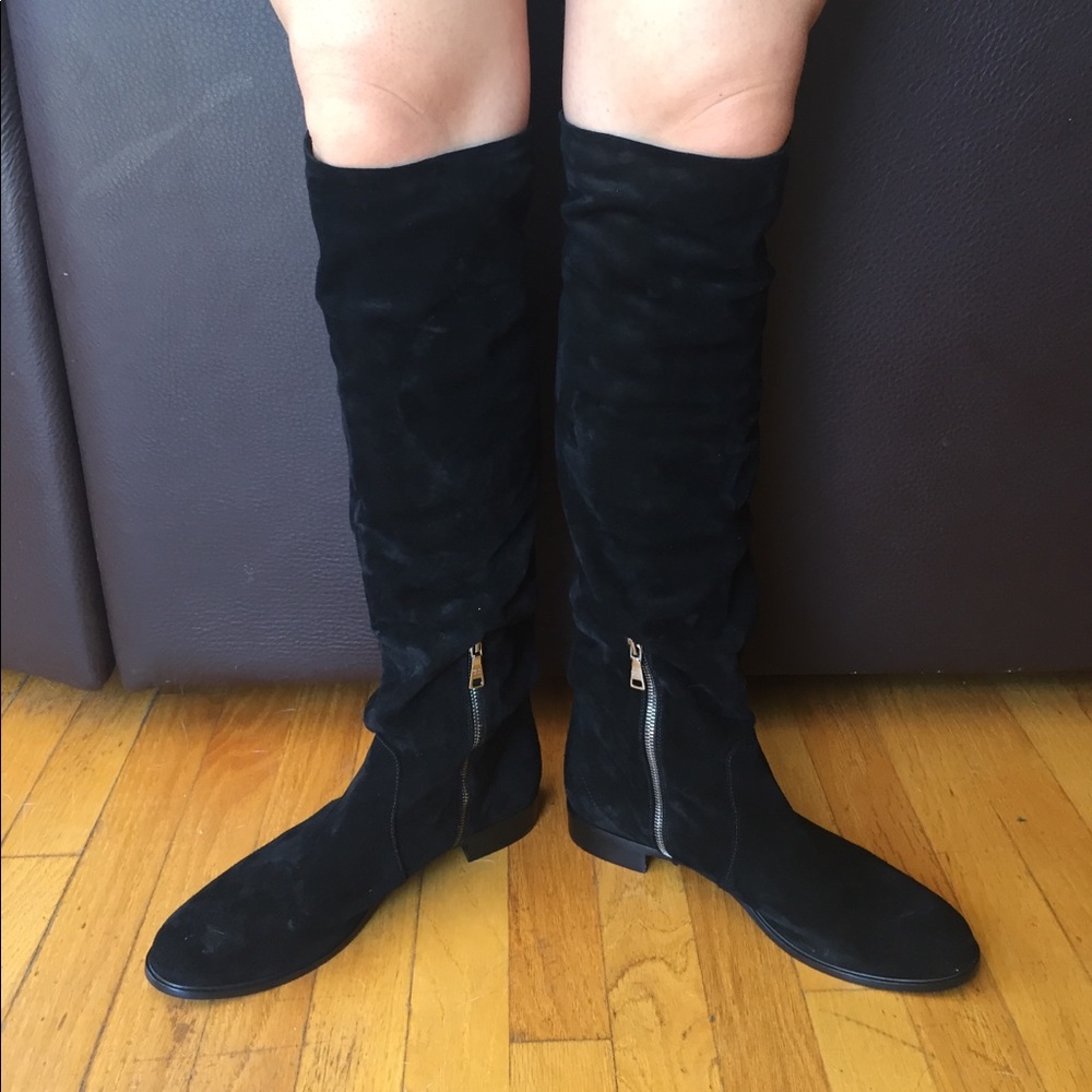 Prada black suede knee high boots